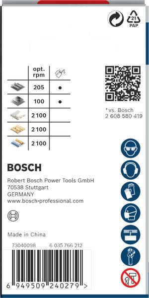 Bosch Sägeblatt-Verpackung mit opt. rpm: 205, 100, 2100. Hergestellt in China. Enthält QR-Code und Kontaktinformationen.