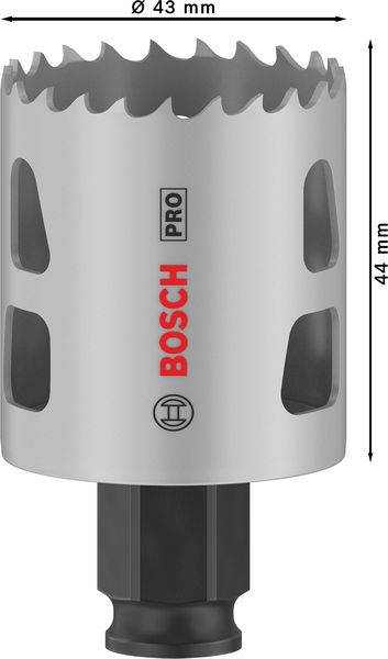 'Hole Saw', silber, Ø 43 mm, Höhe 44 mm, mit scharfen Zähnen und seitlichen Öffnungen. Marke 'Bosch' in Rot, 'Pro' in Schwarz.