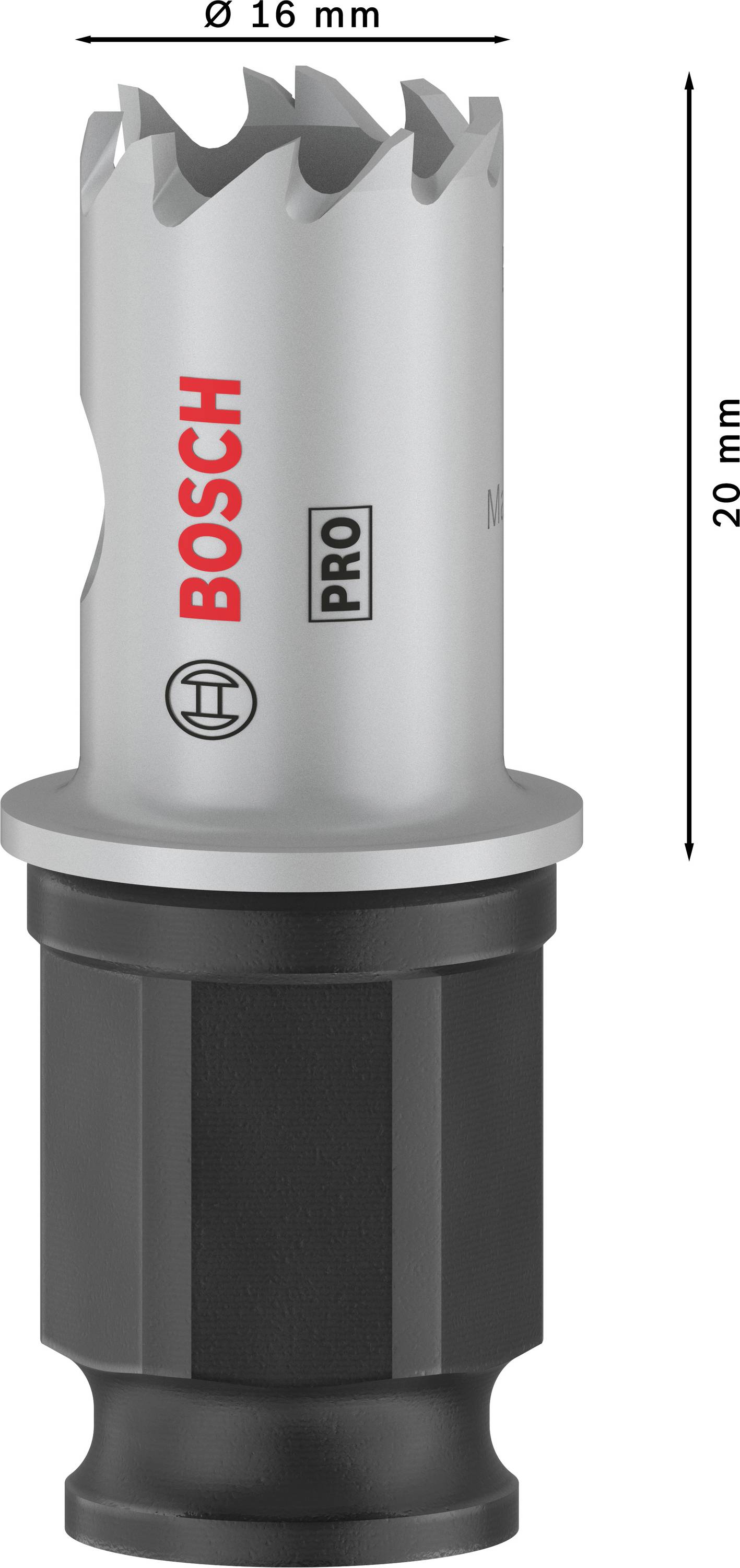 'Bosch Pro' Lochsäge, Ø 16 mm, Länge 20 mm, Silber mit schwarzen Akzenten.
