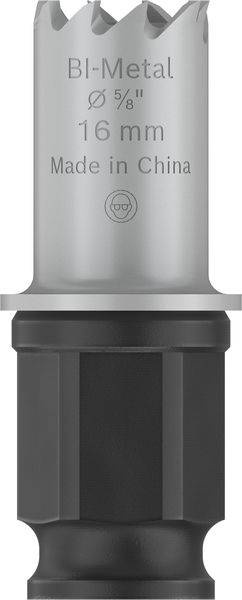 Bimetall-Lochsäge, Durchmesser 16 mm, hergestellt in China, silber-grauer Zylinder mit gezahntem Rand.