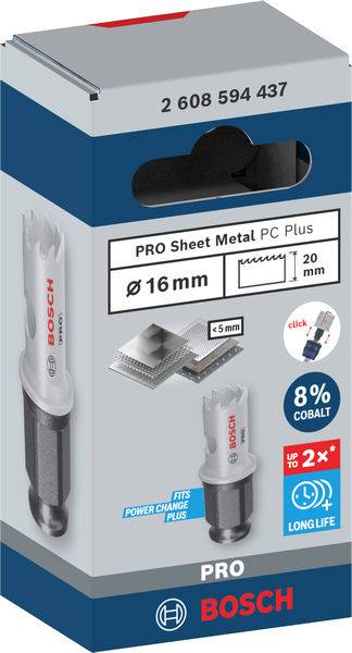 Bohrer-Verpackung mit Aufschrift 'PRO Sheet Metal PC Plus', Durchmesser 16 mm, 8% Kobalt, für längere Lebensdauer.