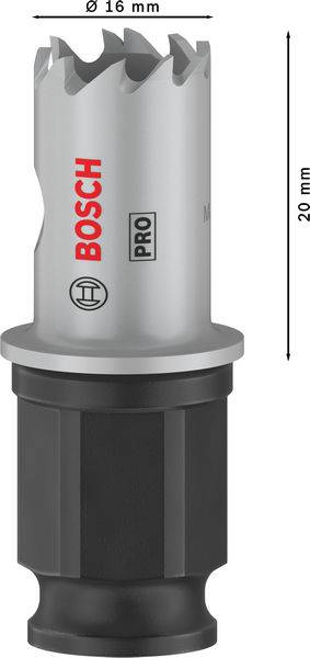 Kernbohrer von Bosch mit 16 mm Durchmesser und 20 mm Schnitttiefe. Oberer Teil ist silbern, unterer Teil schwarz.