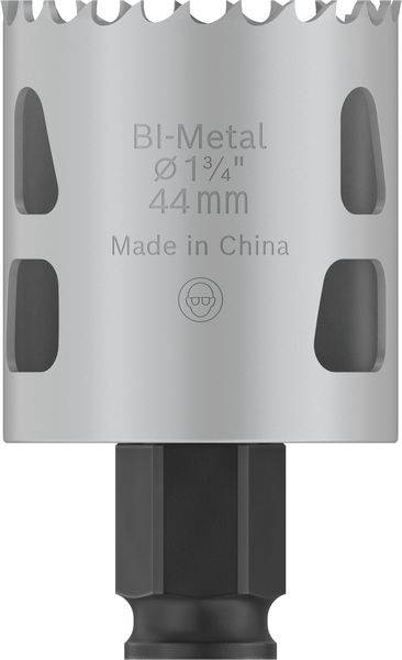 Bohrkrone aus Bi-Metall, Durchmesser 44 mm, produziert in China. Oberer Rand mit sägezahnartiger Schnittfläche.