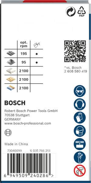 'Bosch' Sägeblätter Verpackung mit Geschwindigkeitsoptionen und Kontaktinformationen. Enthält QR-Code und Recycling-Symbole.
