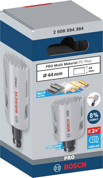 Verpackung einer Bosch Pro Multi Material Lochsäge, 44 mm Durchmesser, geeignet für verschiedene Materialien, mit 8 % Kobalt.