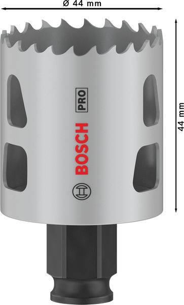 Metalllochschneider mit gezackter Kante. Aufschrift 'BOSCH' in Rot. Maße: Durchmesser 44 mm, Höhe 44 mm.