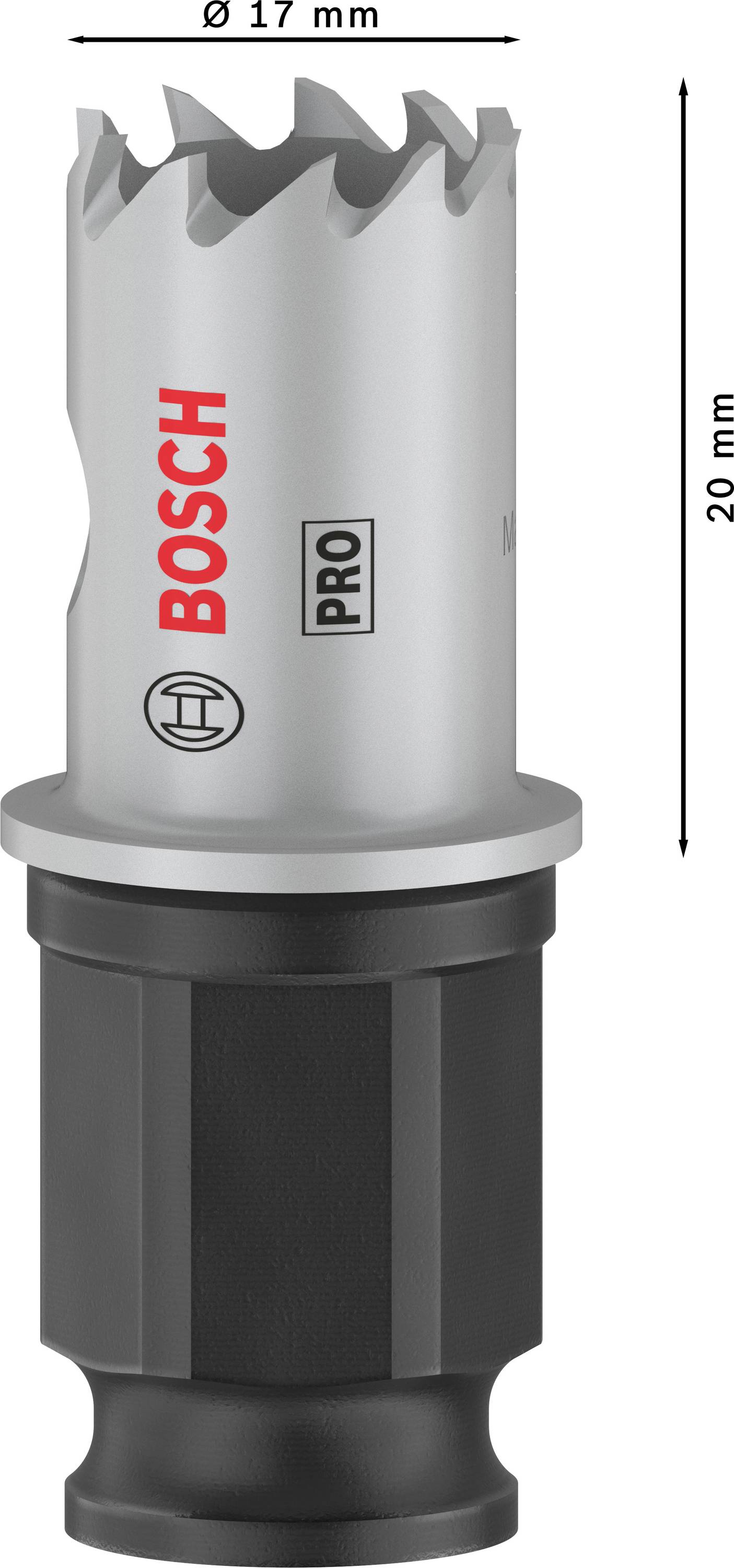 Bohrkrone von Bosch, Durchmesser 17 mm, Höhe 29 mm, silber-schwarzes Design, geeignet für präzises Bohren in verschiedenen Materialien.