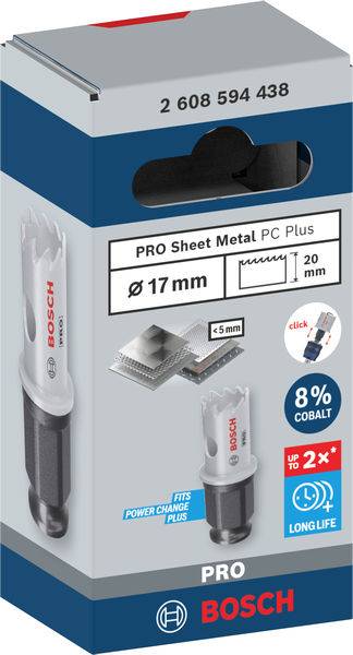 Verpackung einer Bosch Lochsäge für Metall. Zeigt ein Bild der Säge, Größe Ø 17 mm, mit Infografiken: 8% Kobalt, lange Lebensdauer.