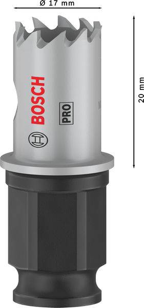 'Bosch Pro' Lochsäge, Durchmesser 17 mm, Höhe 29 mm, zeigt gezackte Zähne und stabile Basis.