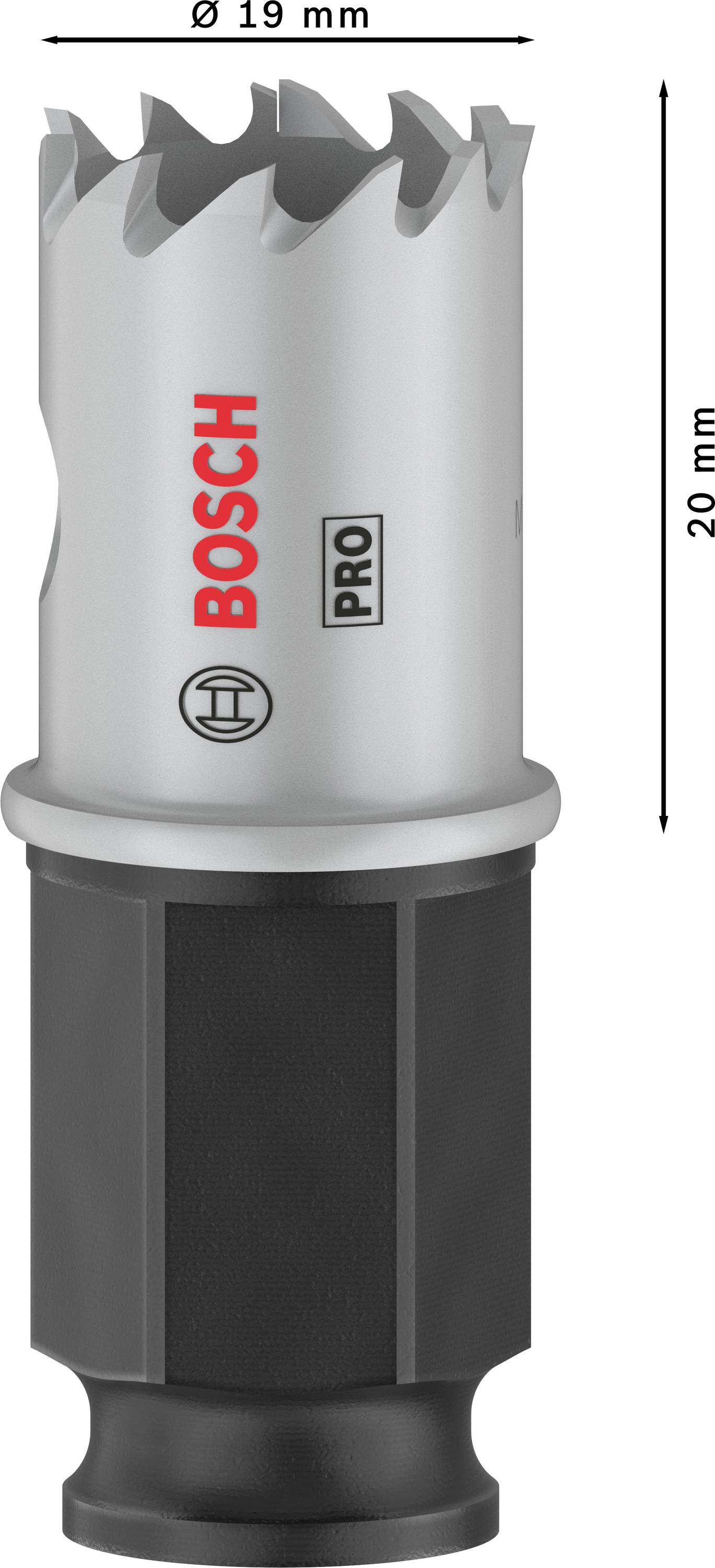 Bohrkrone 'Bosch Pro' mit 19 mm Durchmesser und 20 mm Länge; geeignet für präzises Bohren.