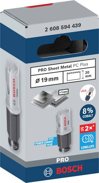 Verpackung eines Bosch PRO Sheet Metal PC Plus Lochsägeaufsatzes, Durchmesser 19 mm, geeignet für Metall bis 5 mm, enthält Kobaltzusatz.