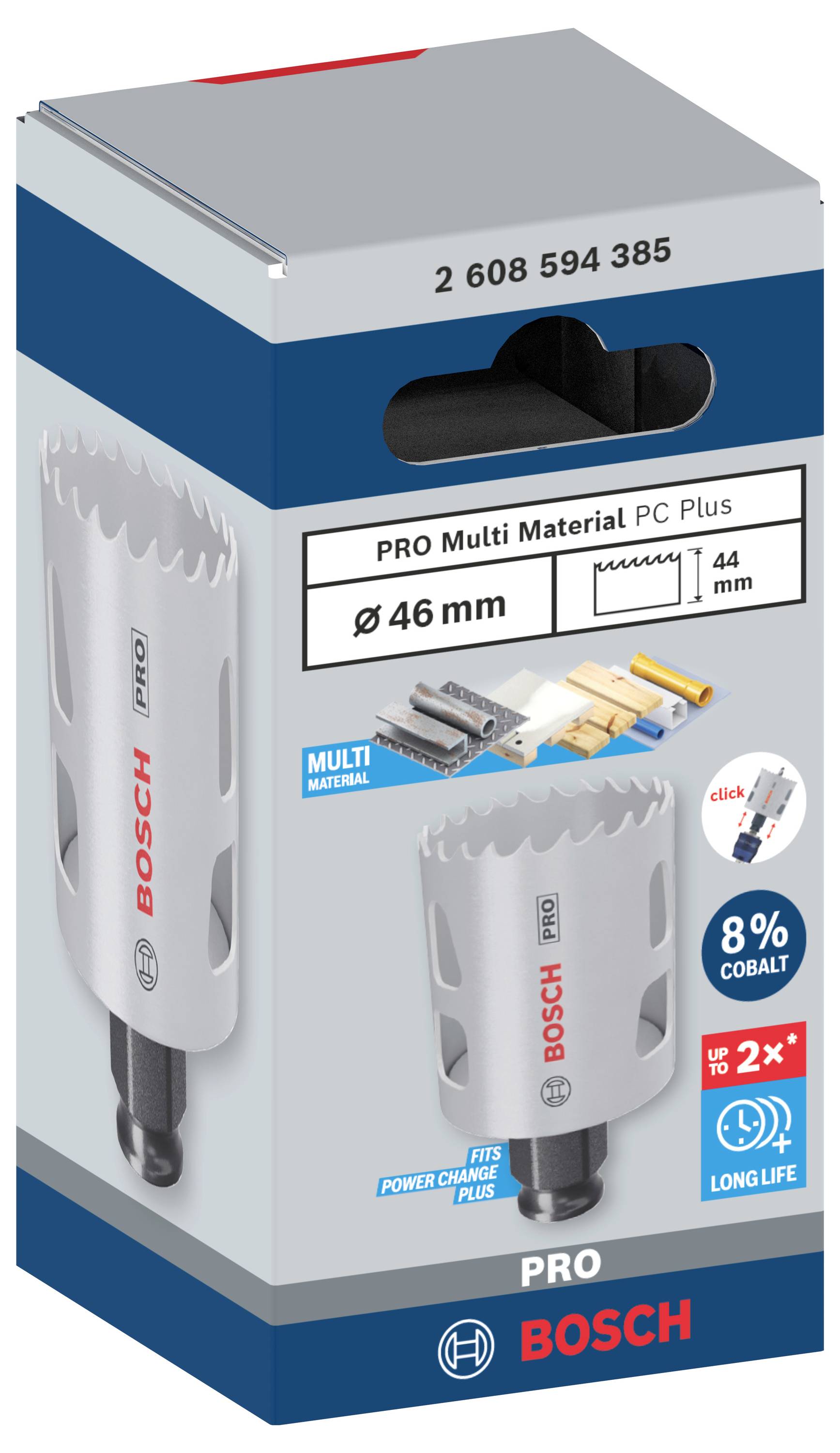 Verpackung eines Bosch Lochsäge-Sets, 46 mm Durchmesser. Geeignet für Multi-Materialien; enthält eine leistungsstarke Kobalt-Legierung.