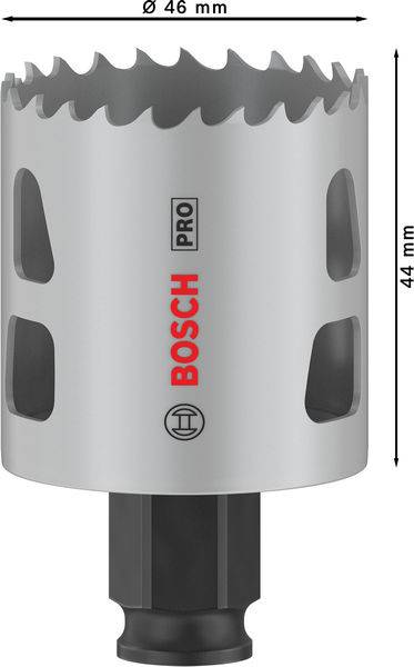 Der Bild zeigt einen grauen Lochsägenaufsatz der Marke Bosch Pro mit einem Durchmesser von 46 mm und einer Höhe von 44 mm.