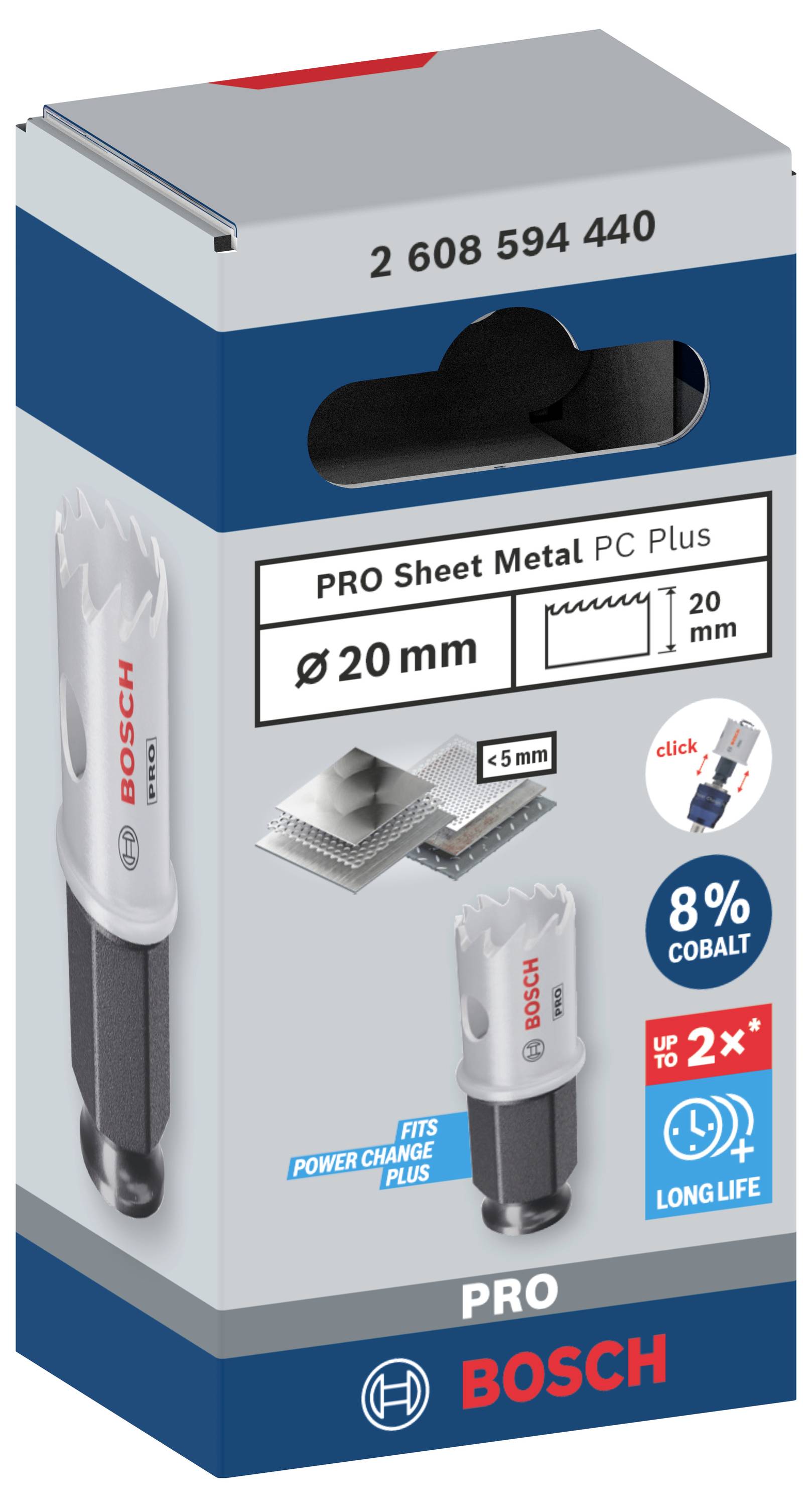Verpackung eines Lochsägenaufsatzes der Marke Bosch für Blechbearbeitung, mit Ø 20 mm, 8% Kobalt, kompatibel mit 'Power Change Plus'.