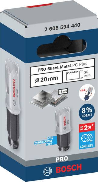 Verpackung eines Bosch PRO Blechbohrers, Durchmesser 20 mm, mit 8 % Kobalt, geeignet für Materialien bis 5 mm Dicke, Power Change Plus System.