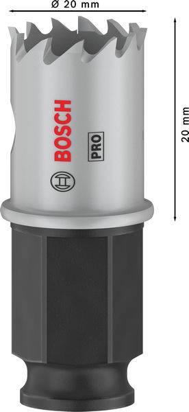 Bohrer mit der Aufschrift 'Bosch Pro', 20 mm Durchmesser, 20 mm Länge.