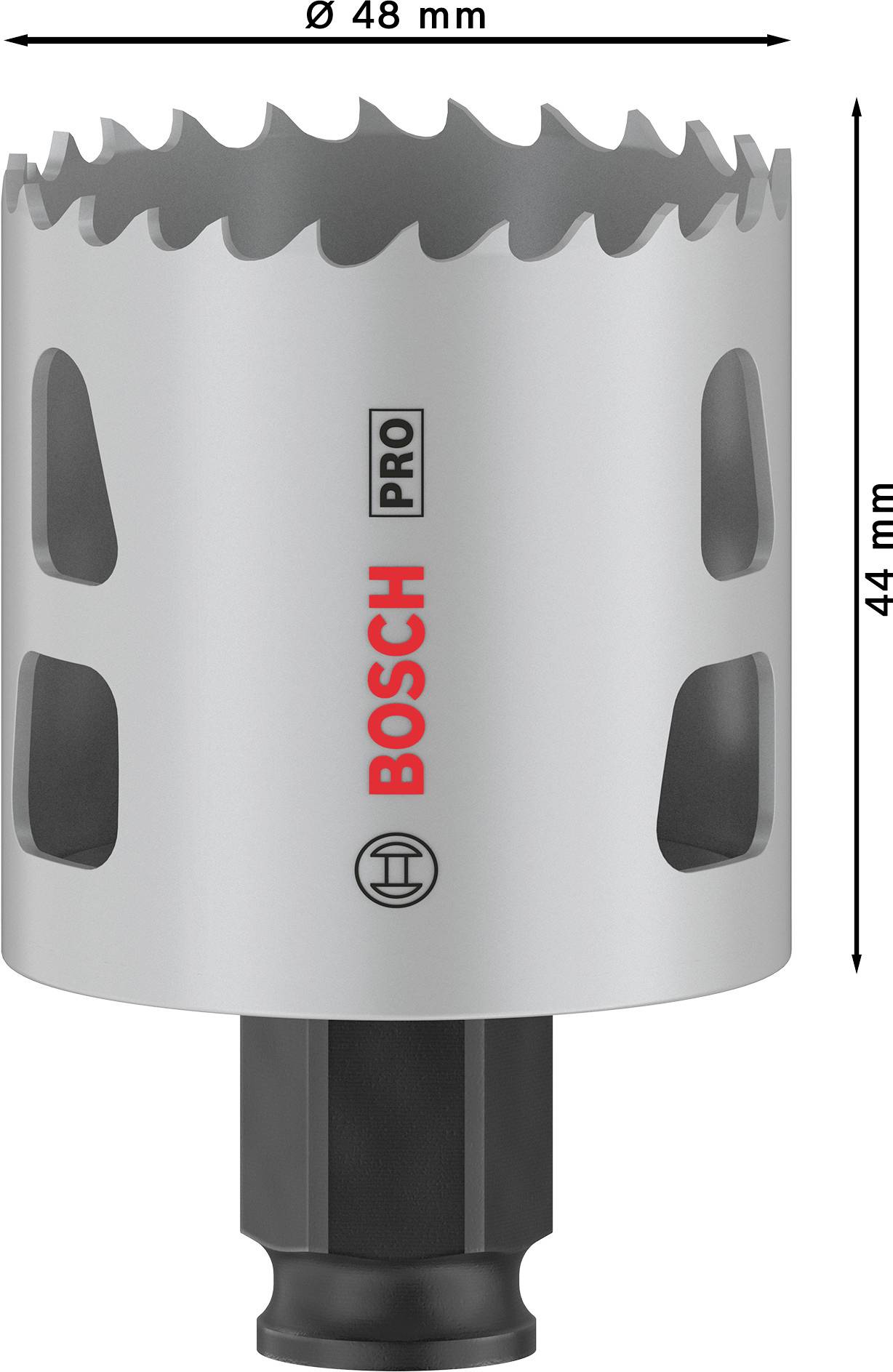 Metall-Lochsäge 'Bosch Pro', Durchmesser 48 mm, Länge 44 mm, geeignet zum Bohren in Metalloberflächen.