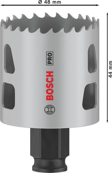 Metall-Lochsäge von Bosch mit einem Durchmesser von 48 mm und einer Länge von 44 mm, geeignet für PRO-Anwendungen.