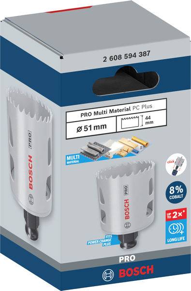 Verpackung einer Lochsäge von Bosch mit der Aufschrift 'PRO Multi Material', Durchmesser 51 mm, 8% Kobalt für hohe Haltbarkeit.