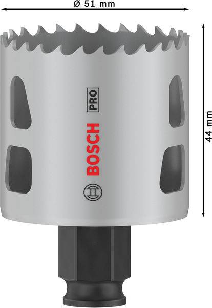 Metall-Lochsäge von Bosch, Durchmesser 51 mm, Höhe 44 mm. Graue Farbe mit roten Markenlogo, geeignet für präzises Bohren.