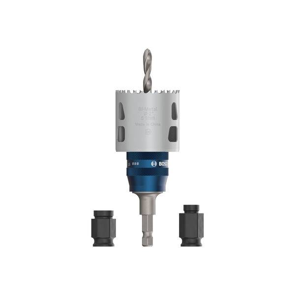 Metall-Lochsäge-Set mit Bohrer und zwei schwarzen Adaptern; ideal für präzise, schnelle Schnitte in Metall und anderen Materialien.