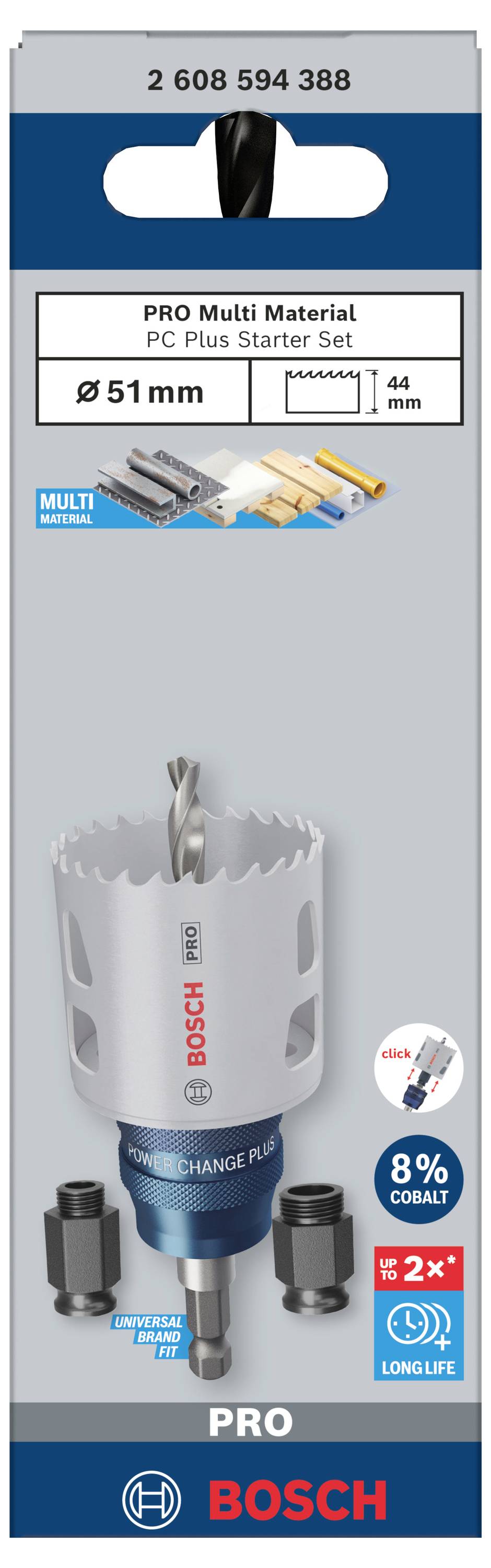 'Bosch Pro Multi Material PC Plus Starter Set' Verpackung mit Lochsäge, Adapter und Zubehör abgebildet. Größe: 51 mm.