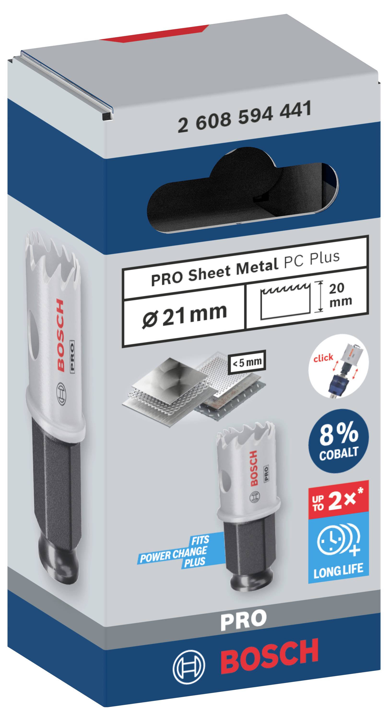 Die Abbildung zeigt die Verpackung einer Bosch PRO PC Plus Lochsäge 21 mm für Blech. Enthält Angaben zu Materialstärke und Lebensdauer.