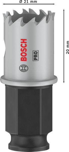 Metall-Lochsäge mit 21 mm Durchmesser und 20 mm Höhe, sie ist silberfarben mit schwarzem Schaft. Markiert mit 'Bosch' und 'Pro'.