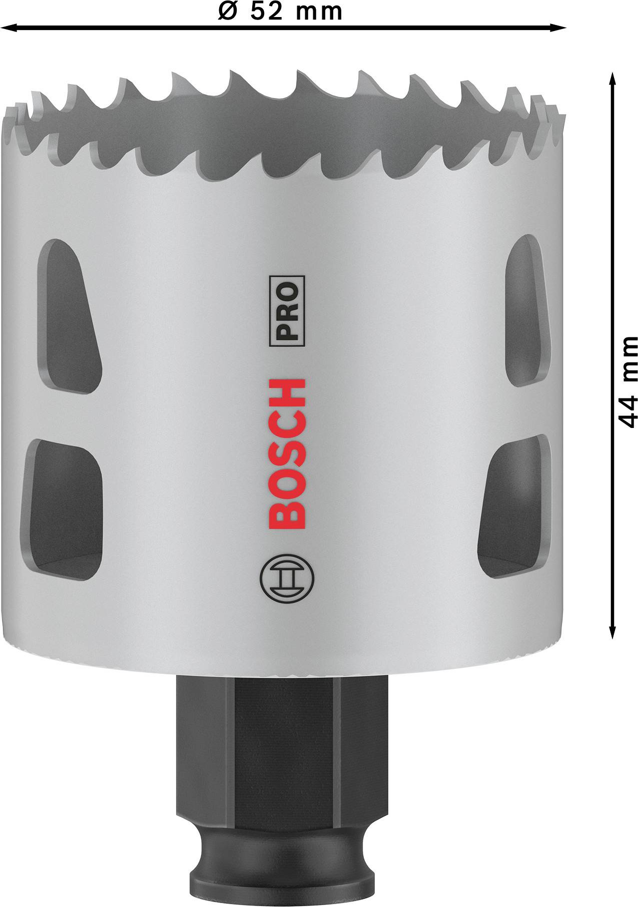 Sägekrone von Bosch Pro mit 52 mm Durchmesser und 44 mm Höhe, geeignet zum Bohren in Holz und Metall. Gehäuse in Silber mit schwarzem Schaft.