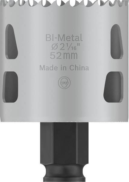 'Bi-Metall-Lochsäge, 52mm, Made in China' auf silbernem Bohrkopf mit gezackter Kante und vier seitlichen Öffnungen.
