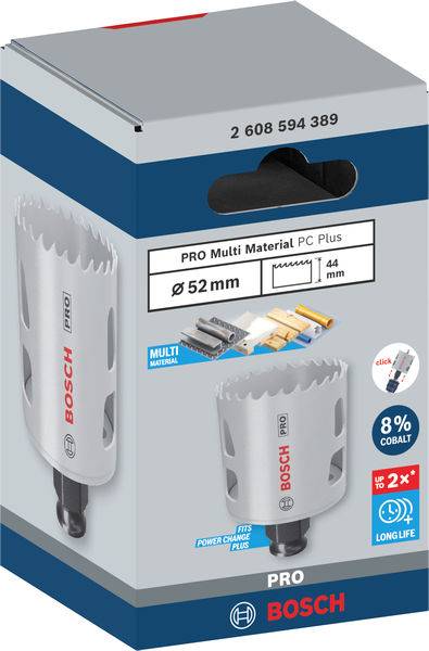 Verpackung einer Bosch PRO Lochsäge, zeigt das Produkt mit einem Durchmesser von 52 mm. Geeignet für verschiedene Materialien.