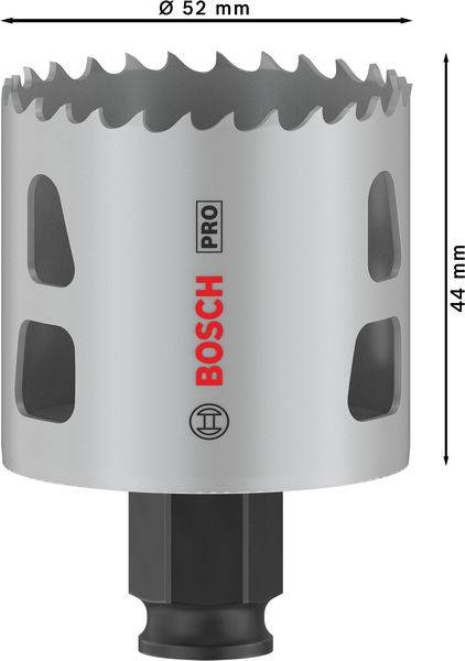 Metallsägekrone mit 52 mm Durchmesser und 44 mm Höhe, Marke 'Bosch Pro'. Ideal zum Bohren in Metalloberflächen.