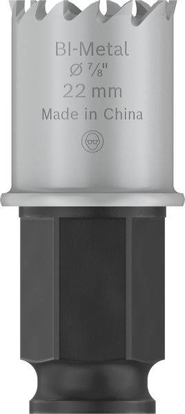 Metallbohrer, Bi-Metall, Ø 22 mm, hergestellt in China, silberne Farbe, geeignet zum Bohren von Metallen.