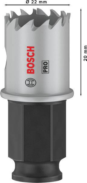 Bohrer mit 22 mm Durchmesser und 20 mm Länge. Herstellerlogo 'BOSCH' und 'PRO'-Kennzeichnung sichtbar.