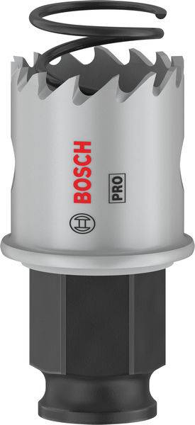 Ein grauer Bosch Lochsägeaufsatz mit schwarzem Schaft und elastischer Feder oben. Geeignet für professionelle Werkzeugeinsätze.
