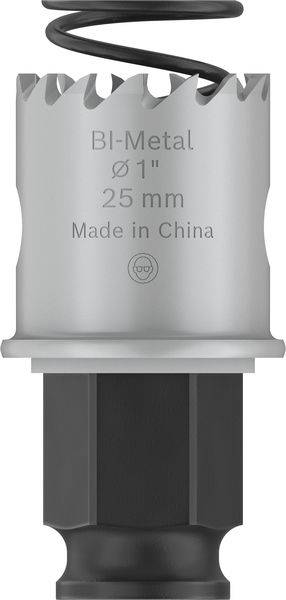 Bohrer aus Bi-Metall, Durchmesser 25 mm, mit Spiralfeder oben. Aufschrift: 'Bi-Metal Ø 1'' 25 mm Made in China'.