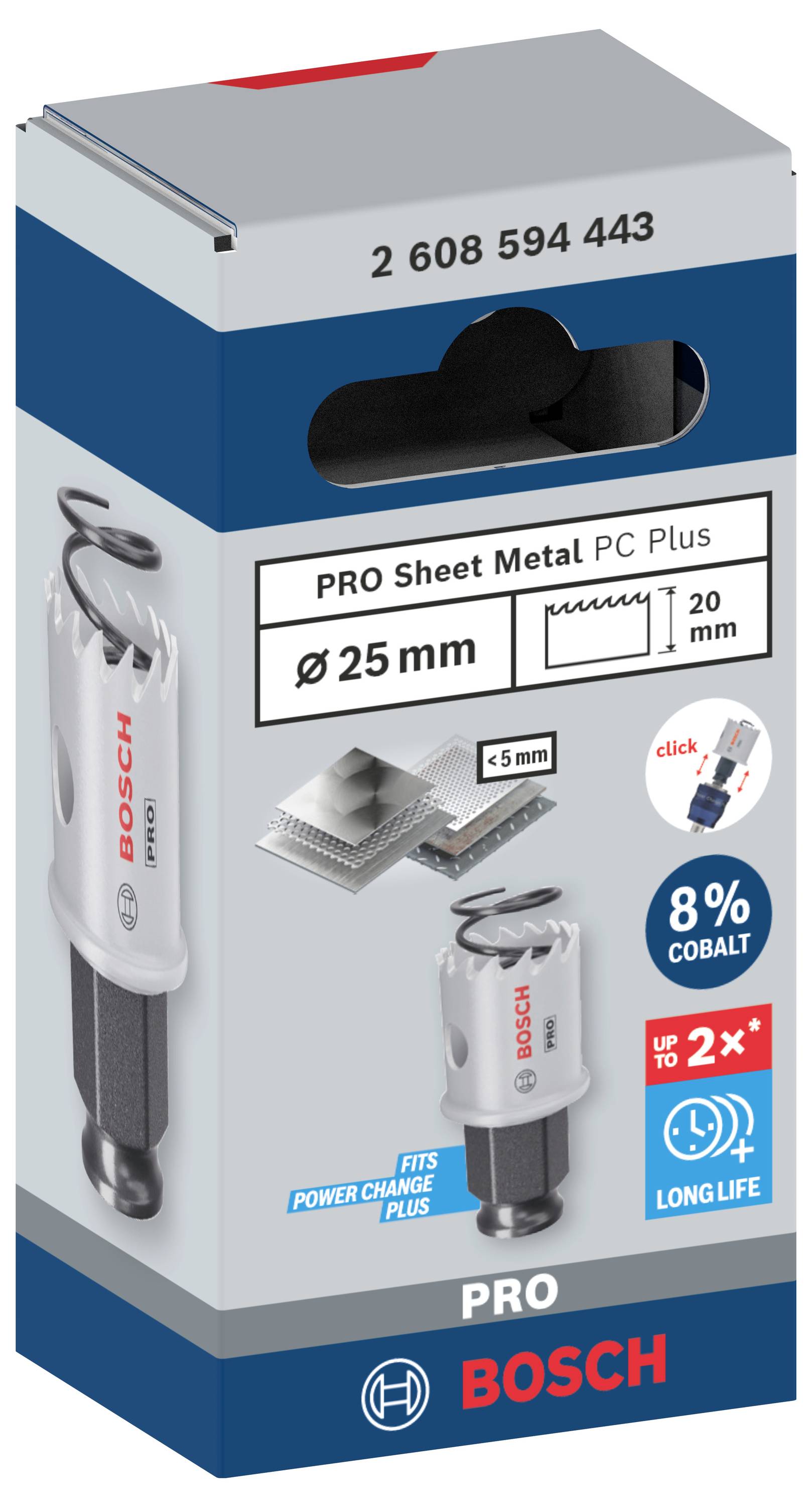 Verpackung einer Lochsäge für Metall von Bosch, Durchmesser 25 mm, Material: 8% Kobalt, langlebig, kompatibel mit 'Power Change Plus'-System.