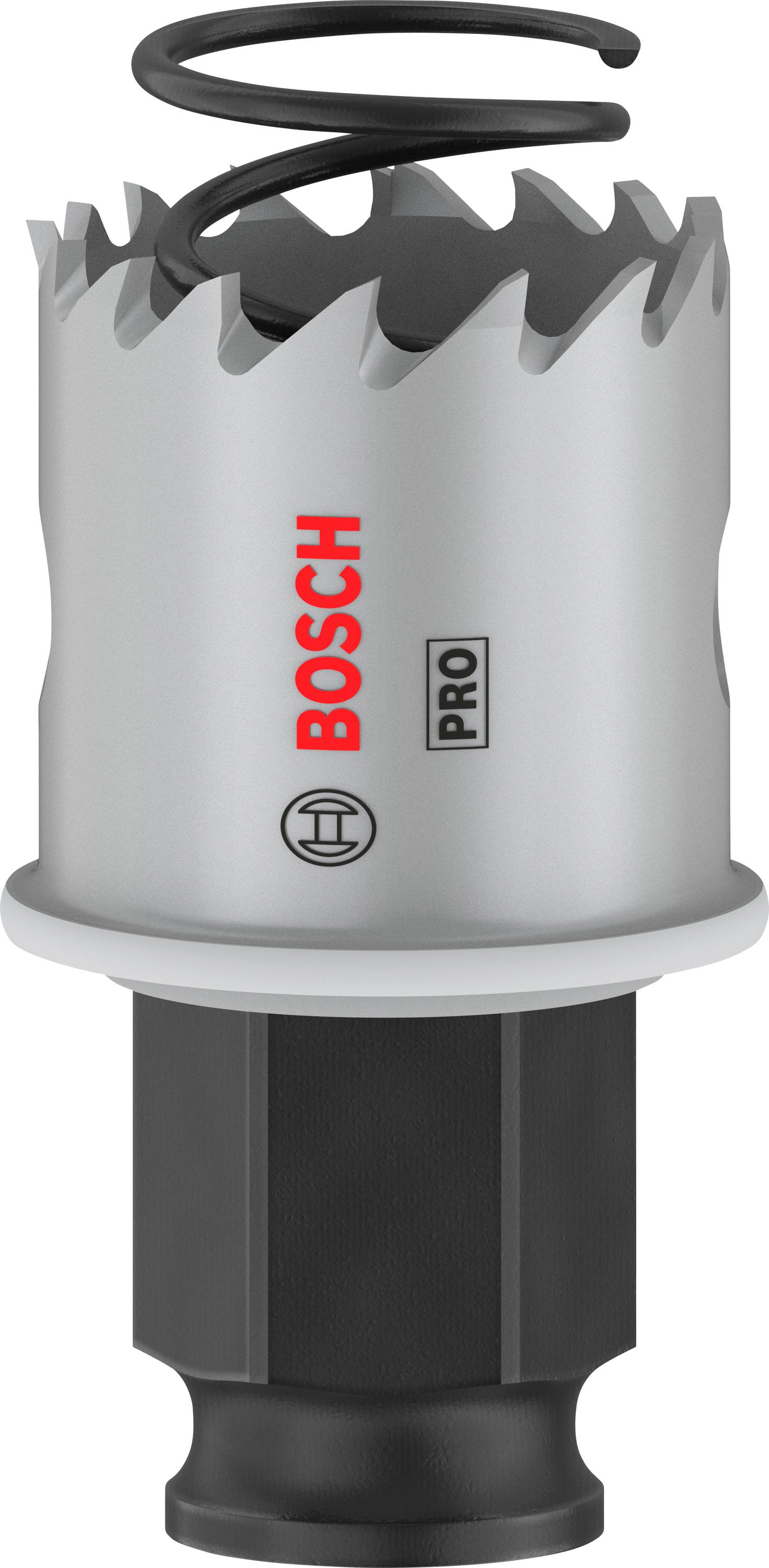 Bohrkrone mit gezacktem Metallrand, schwarzer Basis und Spiralfeder oben, mit rotem 'BOSCH'-Logo.