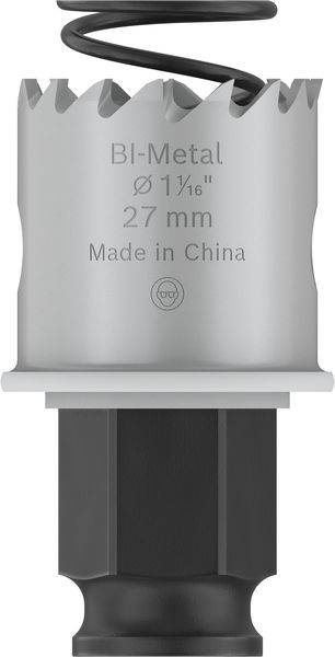 Bimetall-Lochsäge mit 27 mm Durchmesser. Aufschrift: 'BI-Metal Ø 27 mm'. Herkunftsangabe: 'Made in China'.