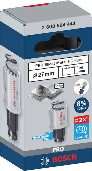 Verpackung eines Bosch PRO Lochsägeaufsatzes für Blech, Ø 27 mm, mit 8% Kobalt, geeignet für Metall bis 5 mm Stärke, lange Lebensdauer.