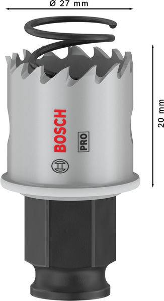 Bohrkrone mit Metallzähnen, Feder und der Aufschrift 'BOSCH Pro'. Durchmesser: 27 mm, Höhe: 20 mm. Ideal für präzises Bohren.