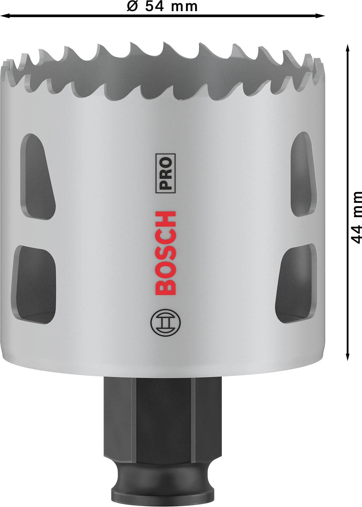Bohrkrone von Bosch mit 54 mm Durchmesser, 44 mm Tiefe; geeignet für präzises Bohren in Metall und Holz, mit robustem Design.