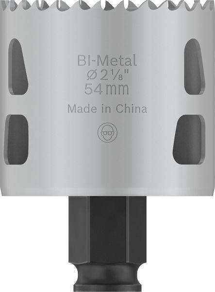 Bohrkrone aus Bi-Metall mit einem Durchmesser von 54 mm, Zähne an der Oberkante, hergestellt in China.