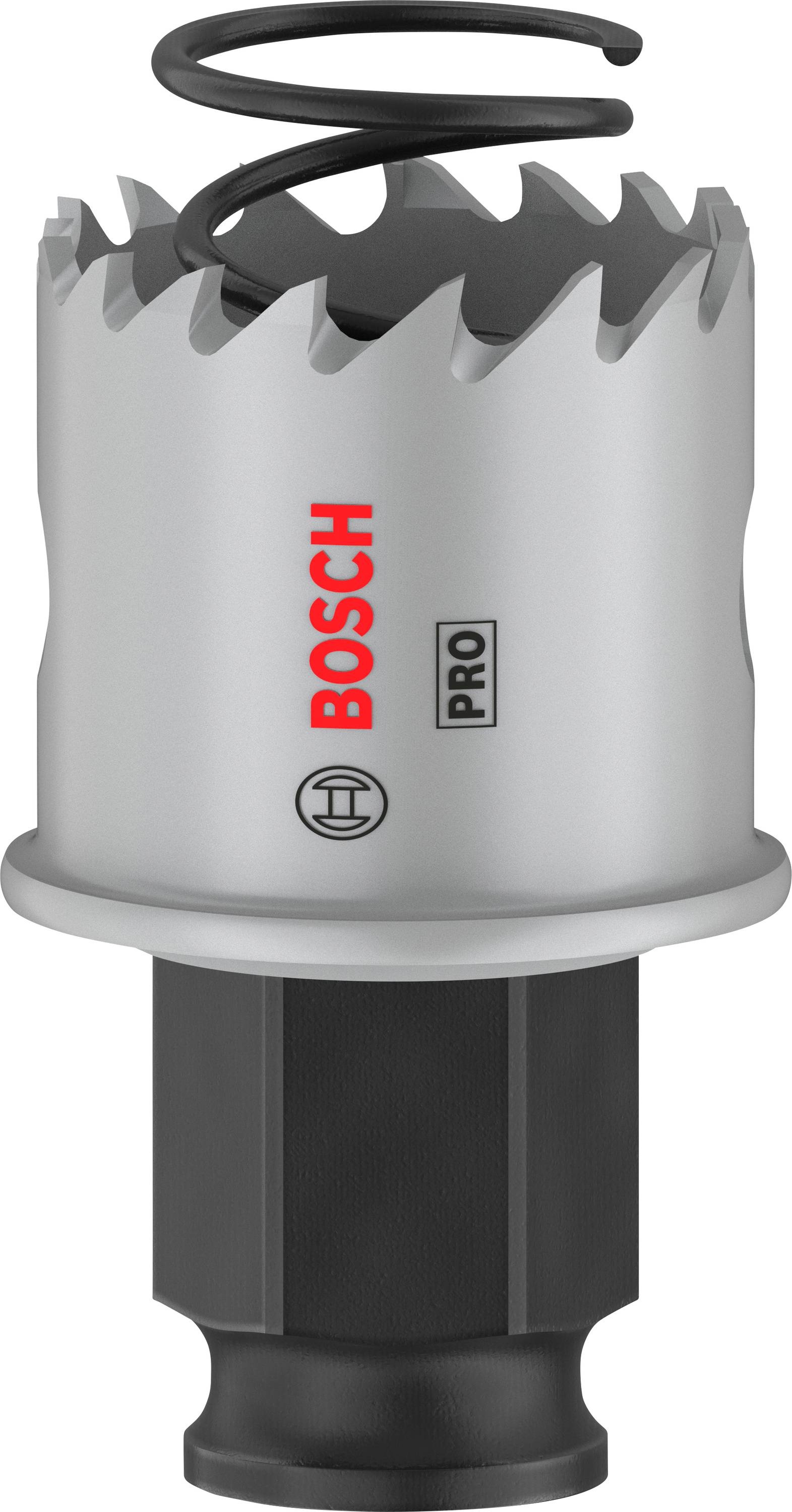 Sägekrone von Bosch mit scharfen Zähnen und Feder, geeignet für präzises Bohren in verschiedene Materialien.