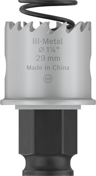 Bi-Metall-Lochsäge mit 29 mm Durchmesser, gefertigt in China, zeigt gezackte Sägezähne und eine Befestigungsaufnahme.