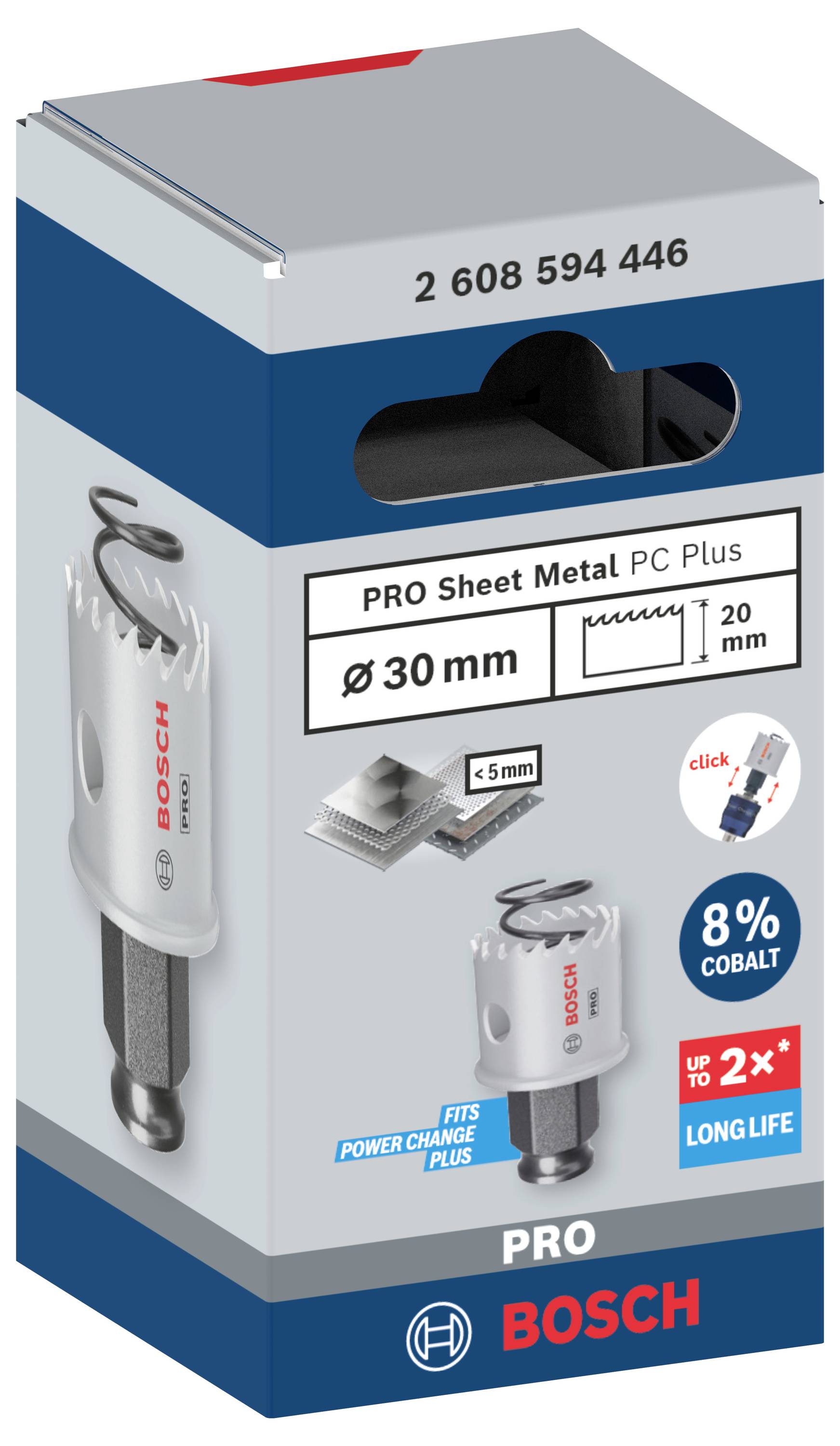 Verpackung einer Lochsäge für Metall, Durchmesser 30 mm, von Bosch. Enthält Hinweis auf 8% Kobalt und längere Lebensdauer.