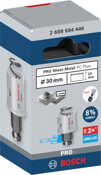 Kartonschachtel mit Bohrkrone für Metall von Bosch, Durchmesser 30 mm. Enthält Infos zur Haltbarkeit und Kompatibilität mit Power-Change-System.