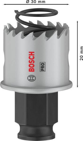 Bild eines Bohrlochsägenaufsatzes mit 'Bosch' Logo. Maße: Durchmesser 30 mm, Höhe 20 mm. Zeigt gezackte, spiralförmige Schneiden.