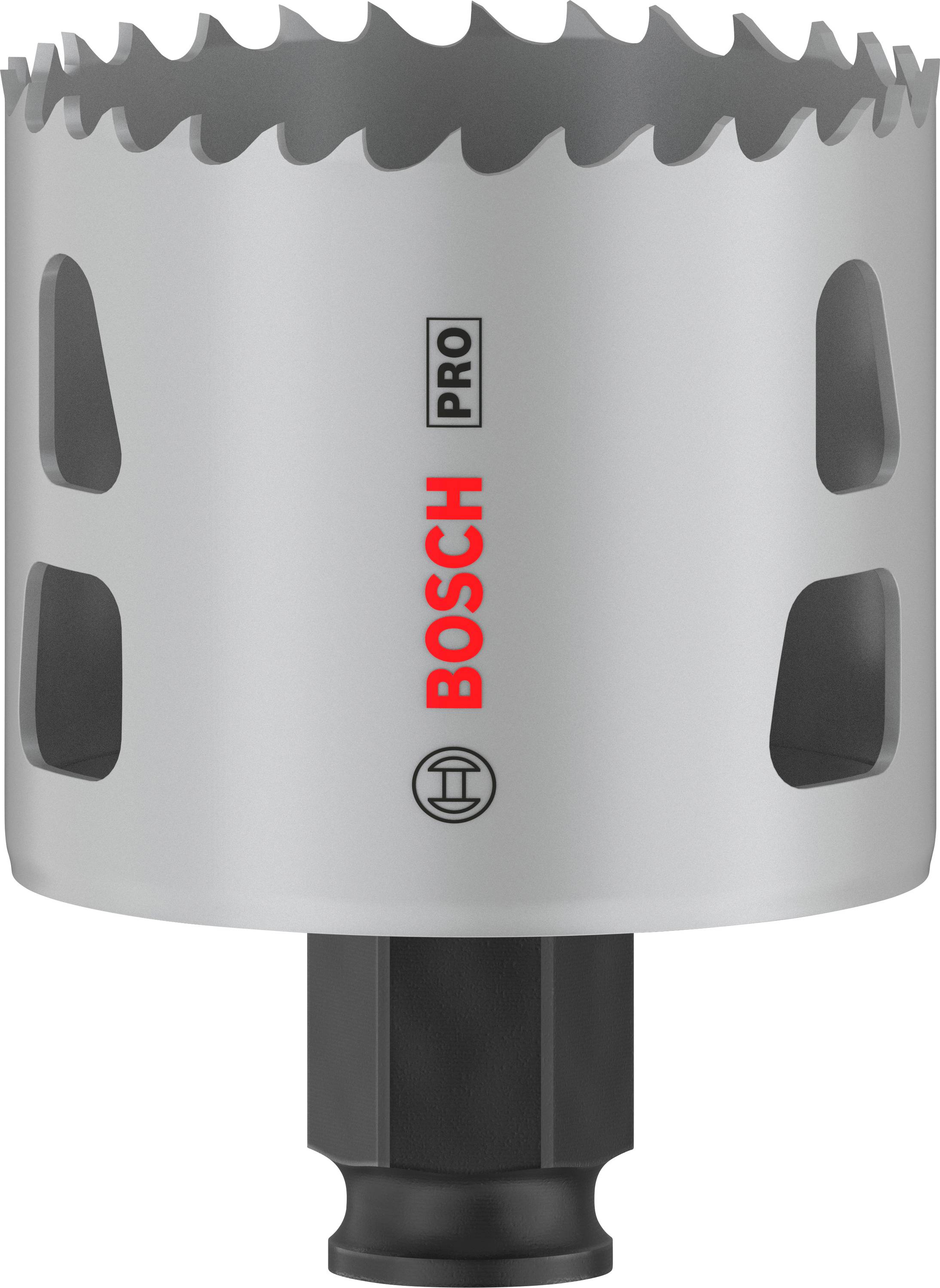 Silberne Lochsäge der Marke Bosch Pro mit gezackter Kante und schwarzem Metallaufsatz am Boden, geeignet für präzise Bohrarbeiten.
