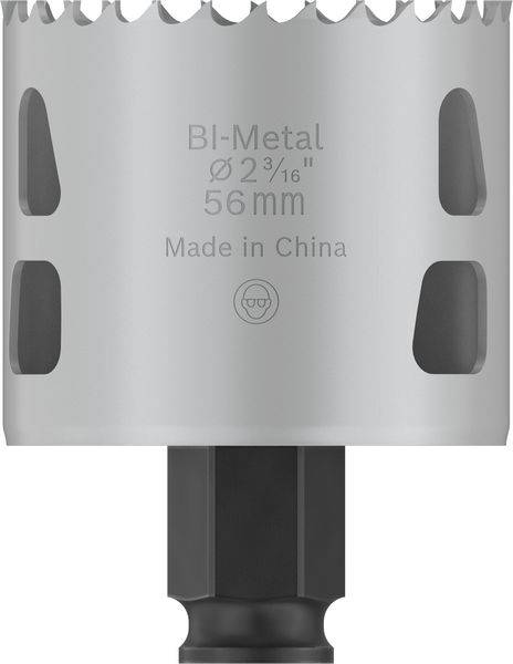 Bohrkrone aus Bi-Metall, 56 mm Durchmesser, silber-grau, mit dem Aufdruck 'Made in China'.